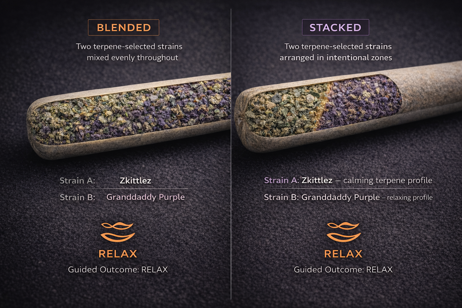 Pre-roll construction comparison showing blended vs stacked composition methods