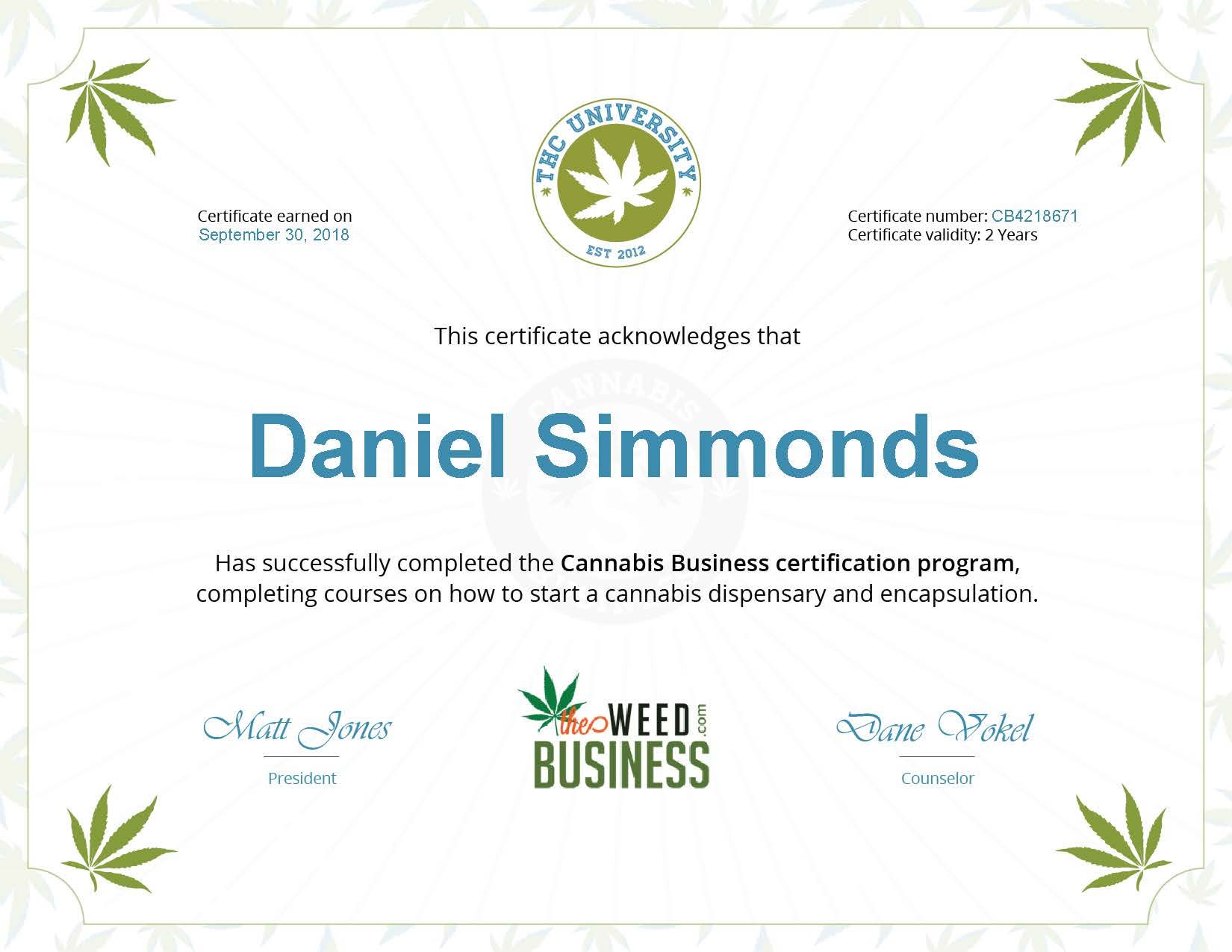 Certification - Daniel Simmonds