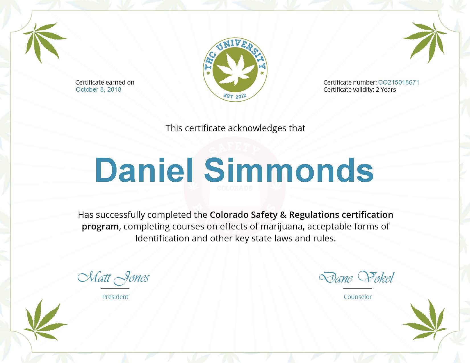 Certification - Daniel Simmonds